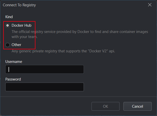 New registry connection dialog