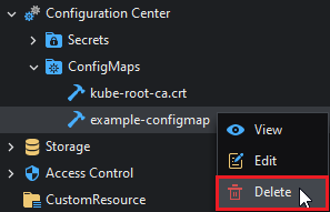 Deleting a ConfigMap from the context menu