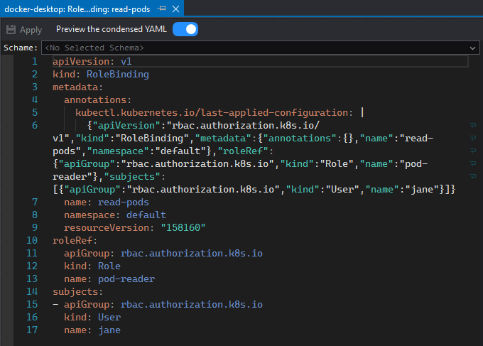 RoleBinding opened on YAML editor