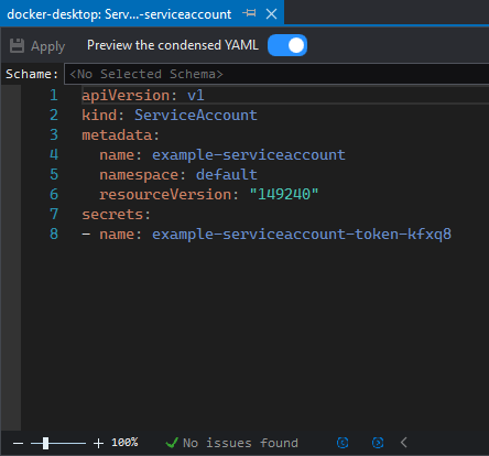 ServiceAccount opened in the YAML editor