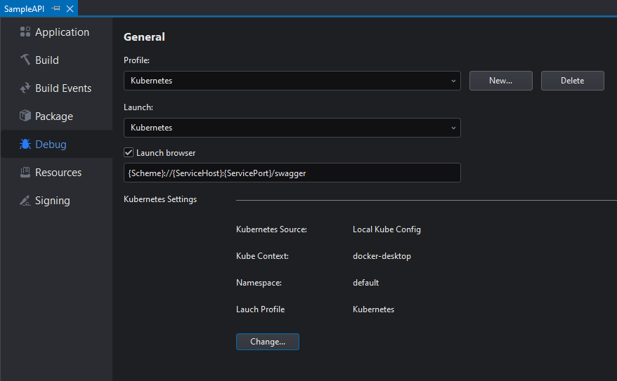 Kubernetes debug settings