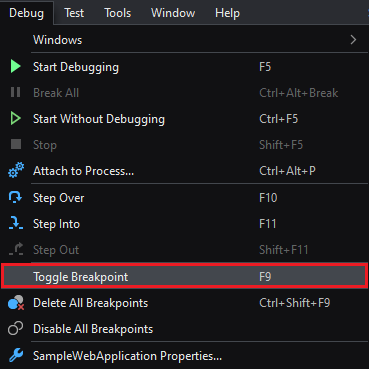 Adding a breakpoint from the Debug menu