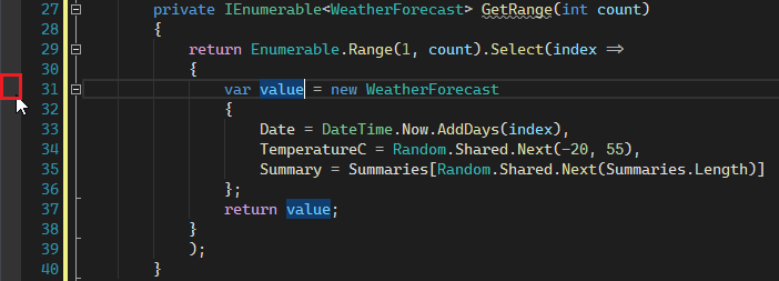 Adding a breakpoint from the Breakpoint indicator