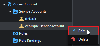 Editing Service Account from the context menu