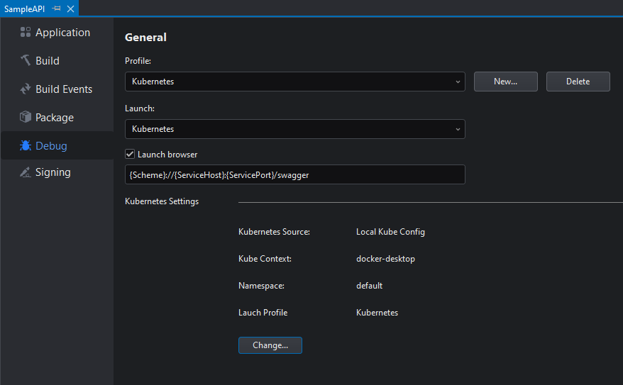 Kubernetes debug settings