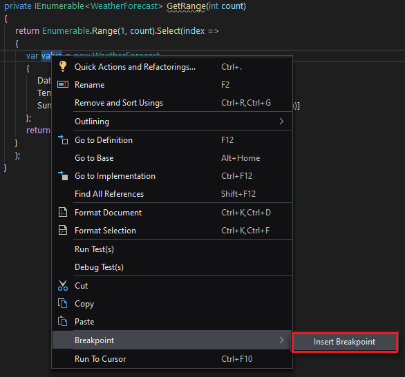 Adding a breakpoint from the context menu