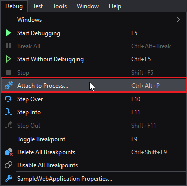 Opening the Attach to process through the Debug menu