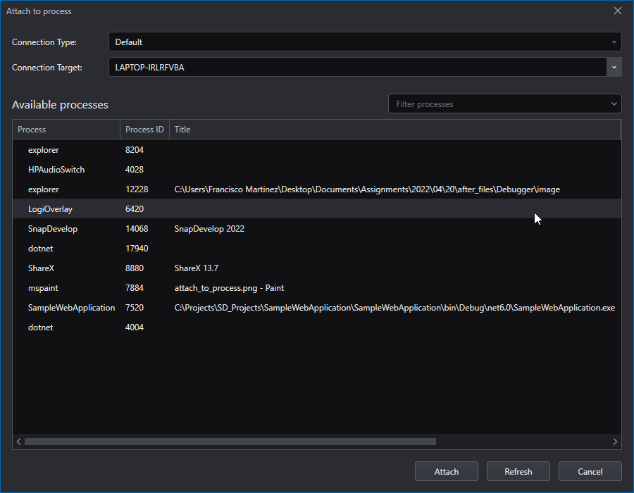 Attach to process window