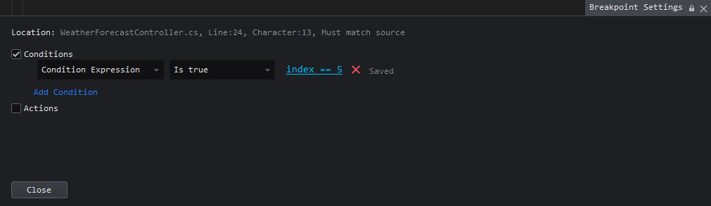 Breakpoint settings - conditions