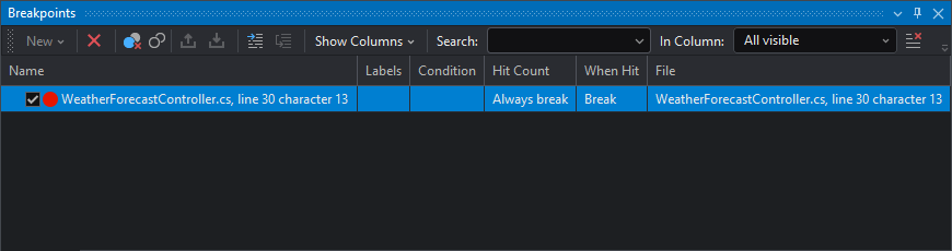 Breakpoints window