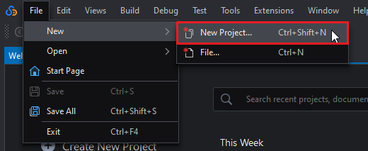 Creating new project form the File menu